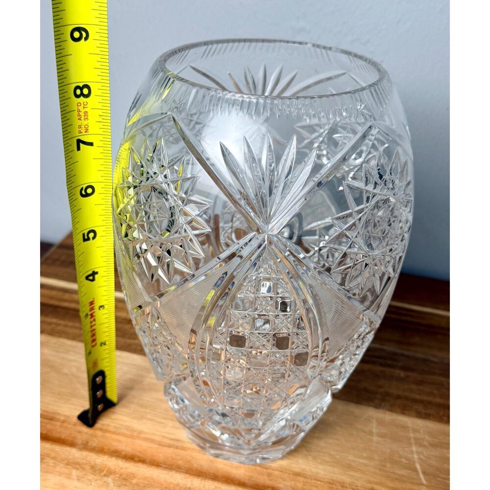 Vintage Hand Cut Crystal Vase, American Brilliant Hobstar Fan Pattern - Picture 15 of 16
